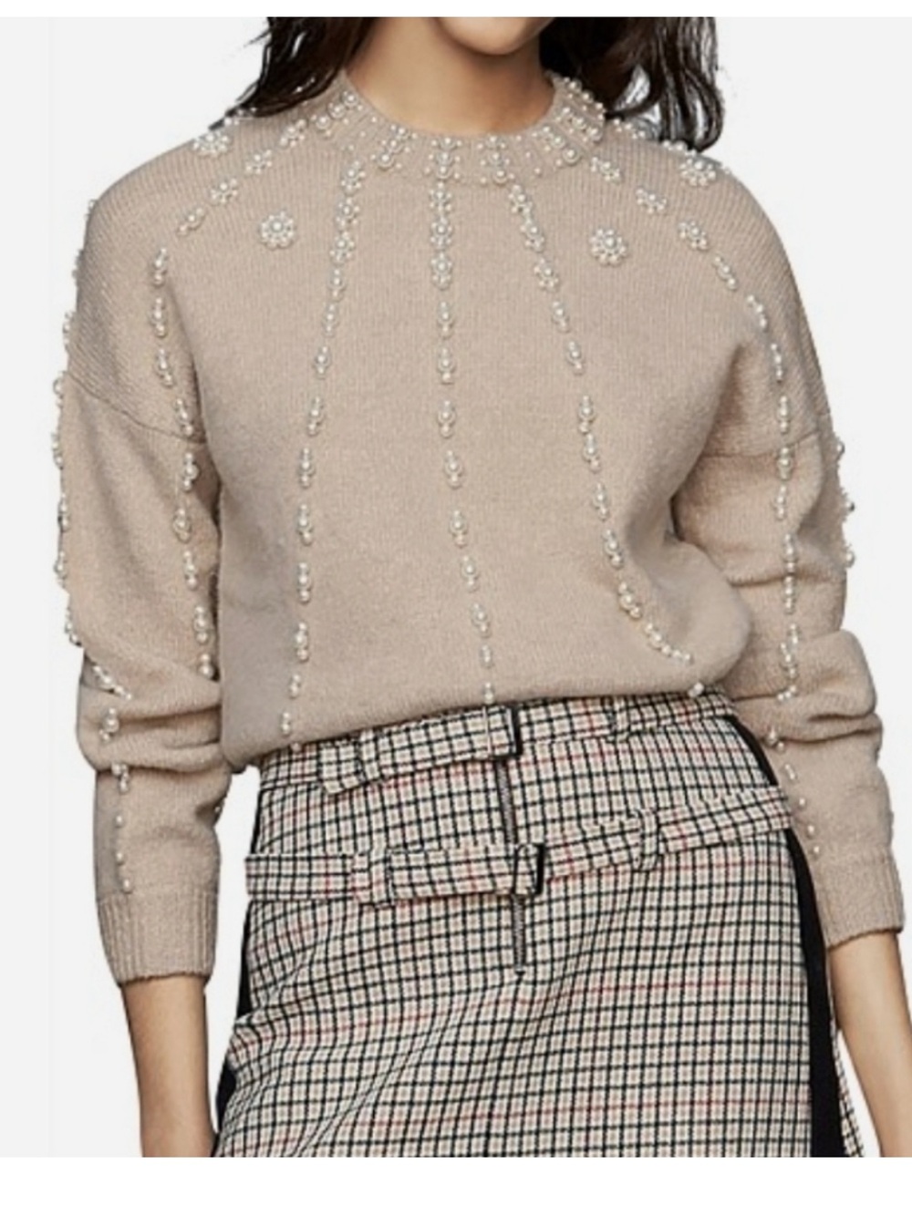 Maje Beige Pearl-Embellished Crewneck Sweater